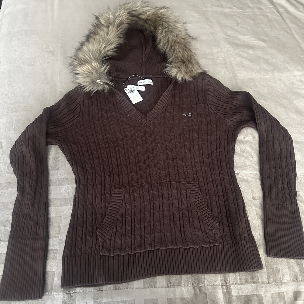 Hollister Sweater Womens XL Brown Cable Knit Hooded Faux Fur V Neck Pullover